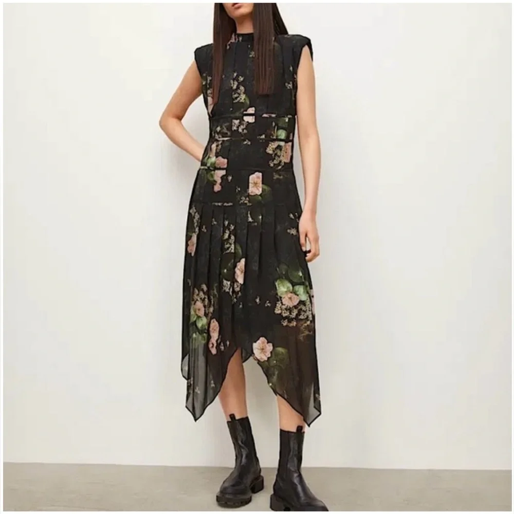 NWT’S All Saints Coco Asiago Maxi Dress Black & Pink Fishtail Grunge Floral 12 - Picture 1 of 15